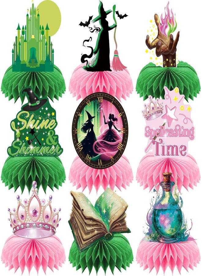 RANERVZ 9pcs Witch Table Centerpieces for Girl Birthday Party Decorations Pink Green Defying Gravity Spellcasting Time Shine Shimmer Magic Witch Honeycomb Centerpieces Witch Theme Birthday Party Table Decors - Image 1
